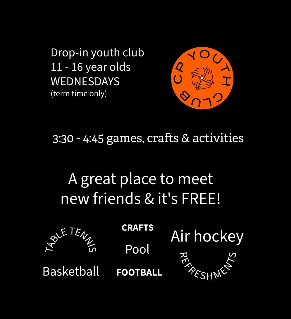 Drop-in youth club 11 - 16n year olds. Wednesday 3:30 - 4:45